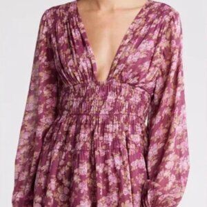Free People Keep You Floral Mini Dress Small Berry Long Sleeve NWT Cotton Boho